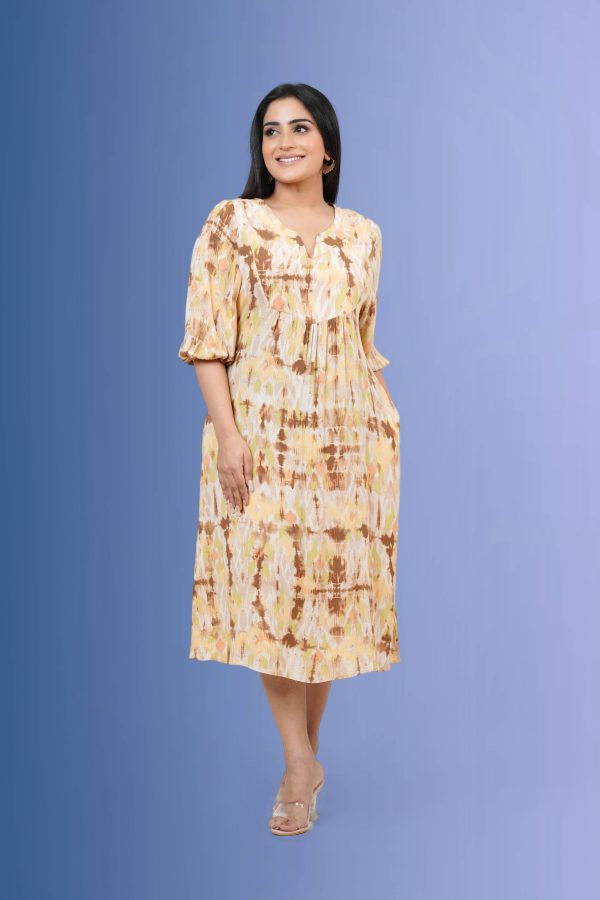 Patterned Front Yoke Gather Midi Dress - Image 2