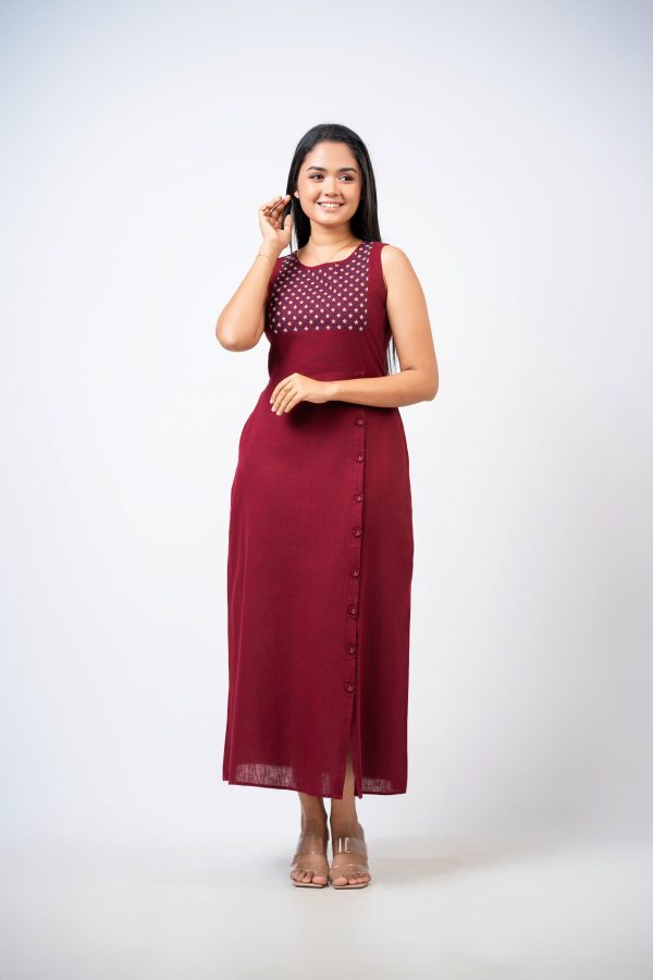 Side Button Down Sleeveless Embroidery Dress - Image 3