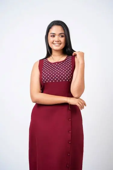Side Button Down Sleeveless Embroidery Dress