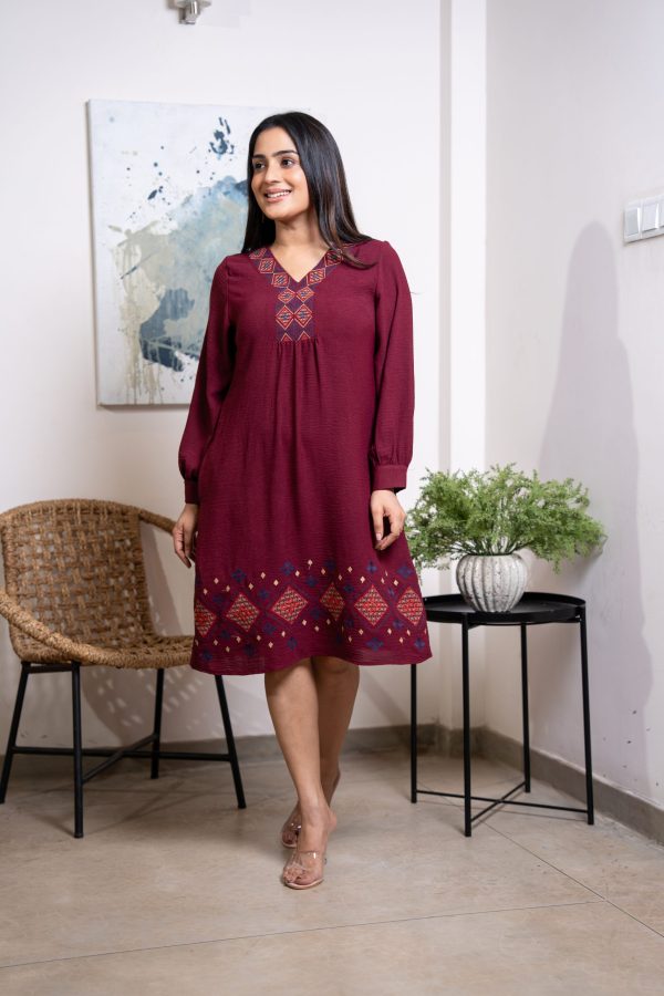Loose Fitted Neckline Embroidery Short Dress - Image 5