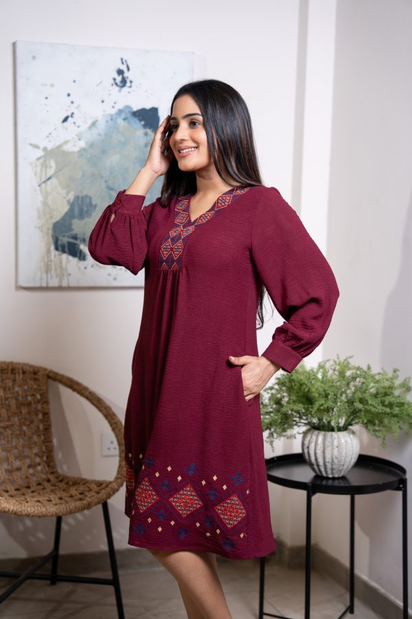 Loose Fitted Neckline Embroidery Short Dress - Image 4