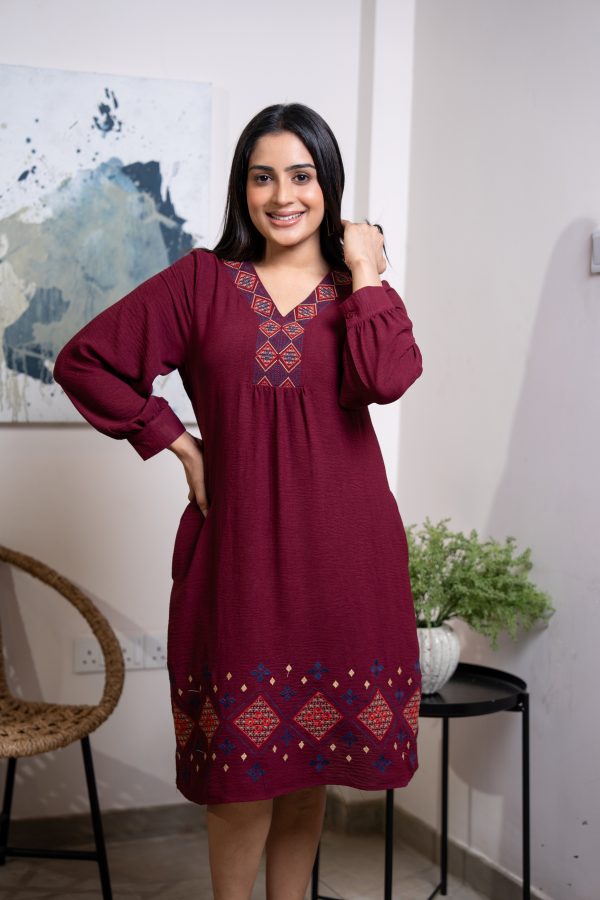 Loose Fitted Neckline Embroidery Short Dress - Image 2