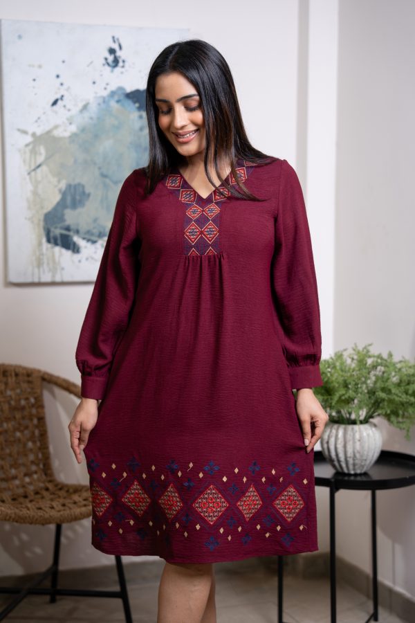 Loose Fitted Neckline Embroidery Short Dress - Image 3