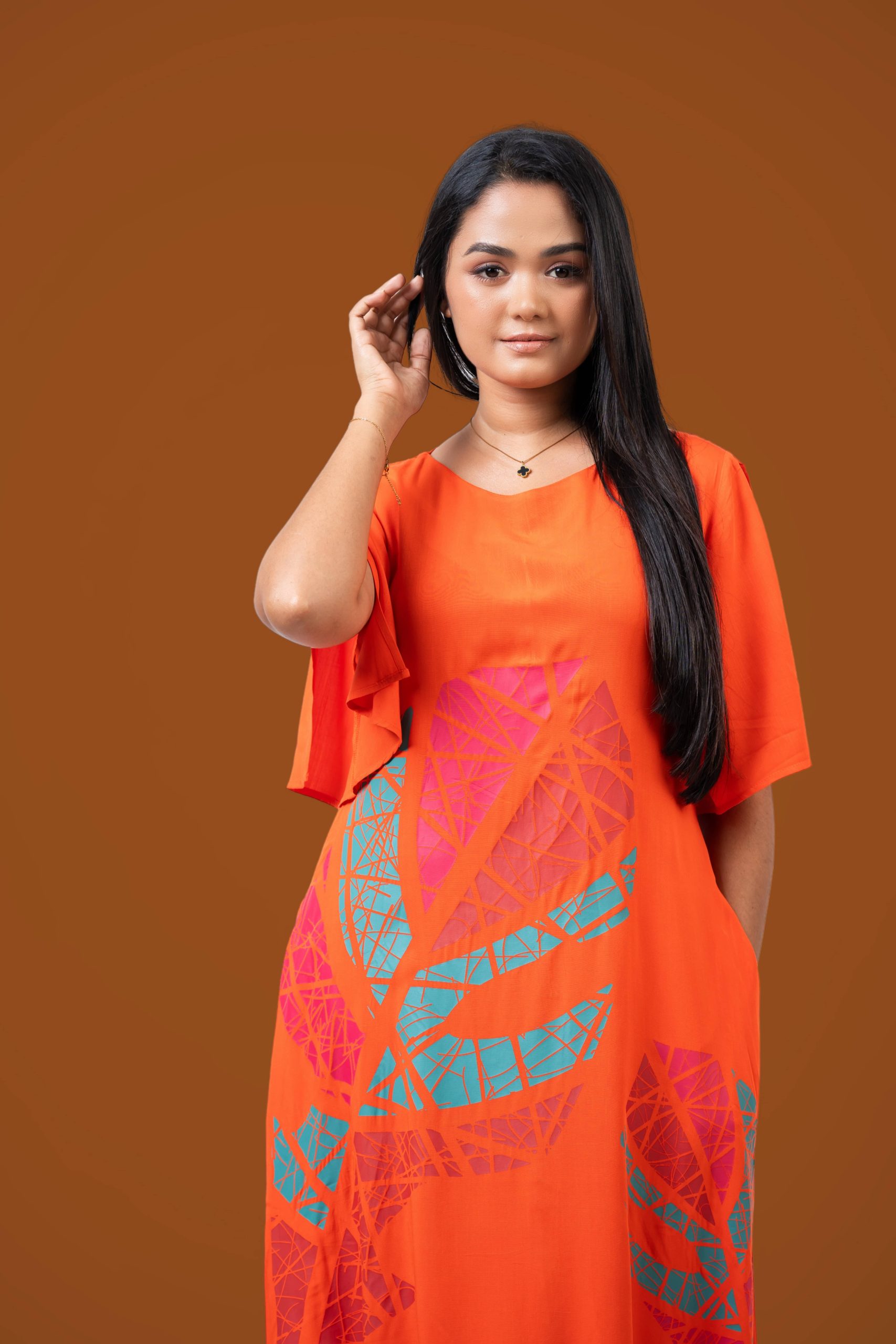 Printed Frilled Hem Detailed High-Low Midi Dress