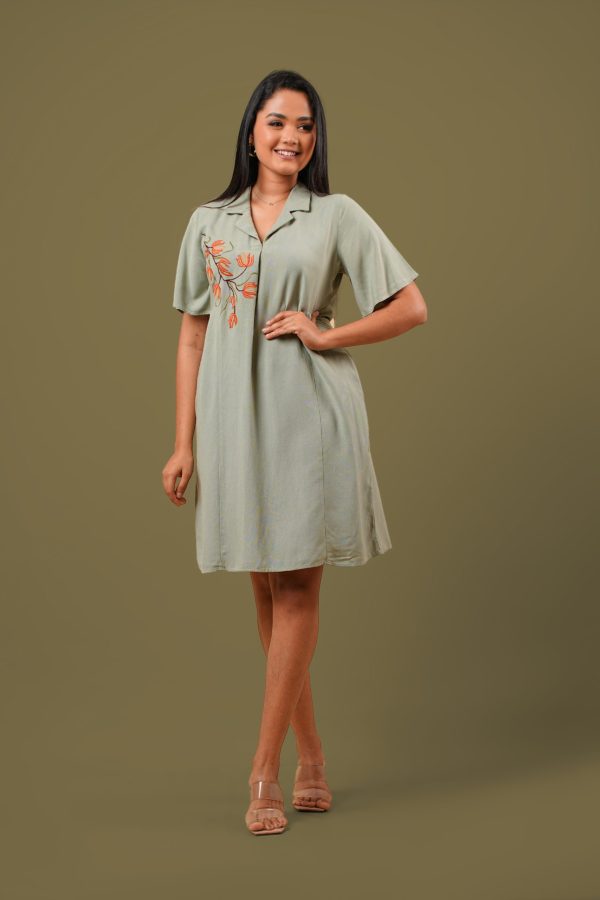 Lapel Collared Floral Embroidery Short Dress - Image 4