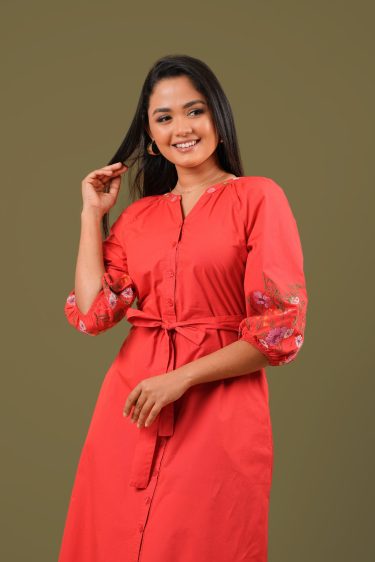 Sleeve Embroidered Button Up Short Dress