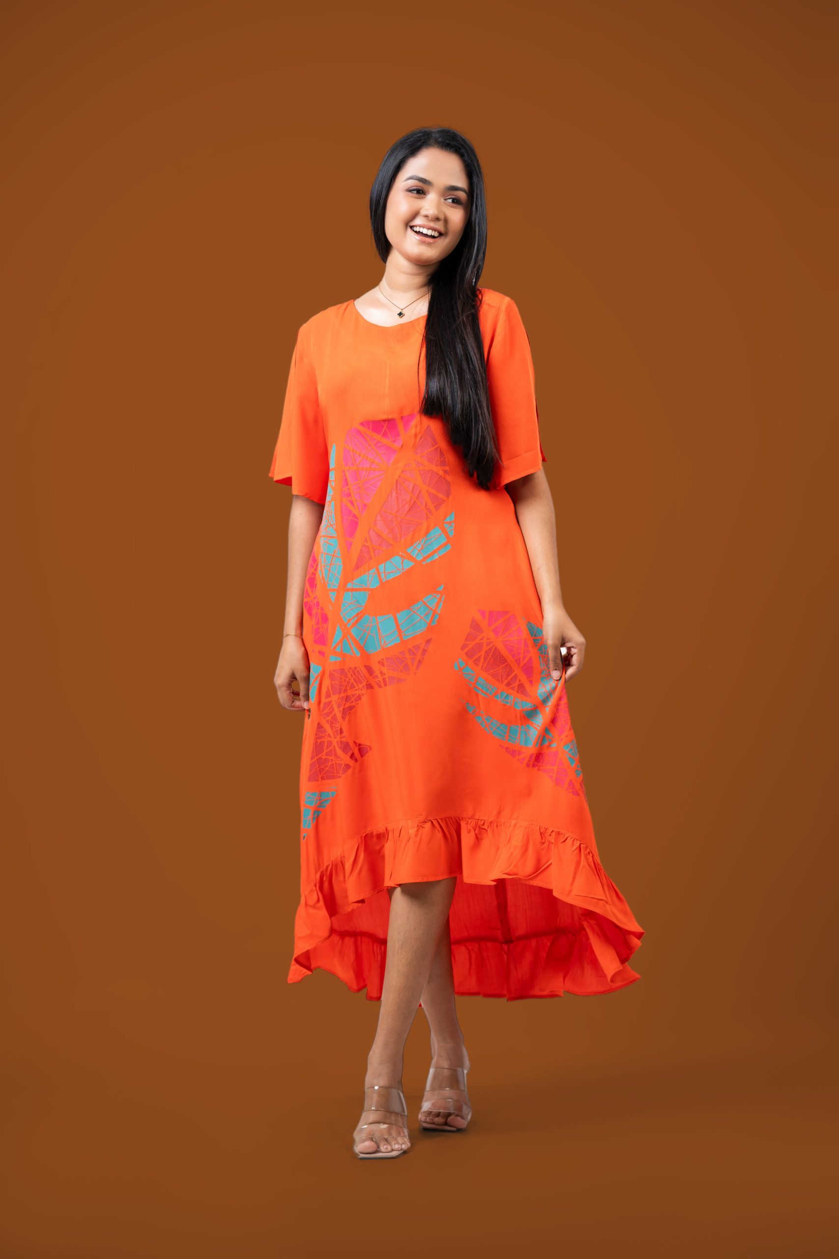 Printed Frilled Hem Detailed High-Low Midi Dress - Image 4