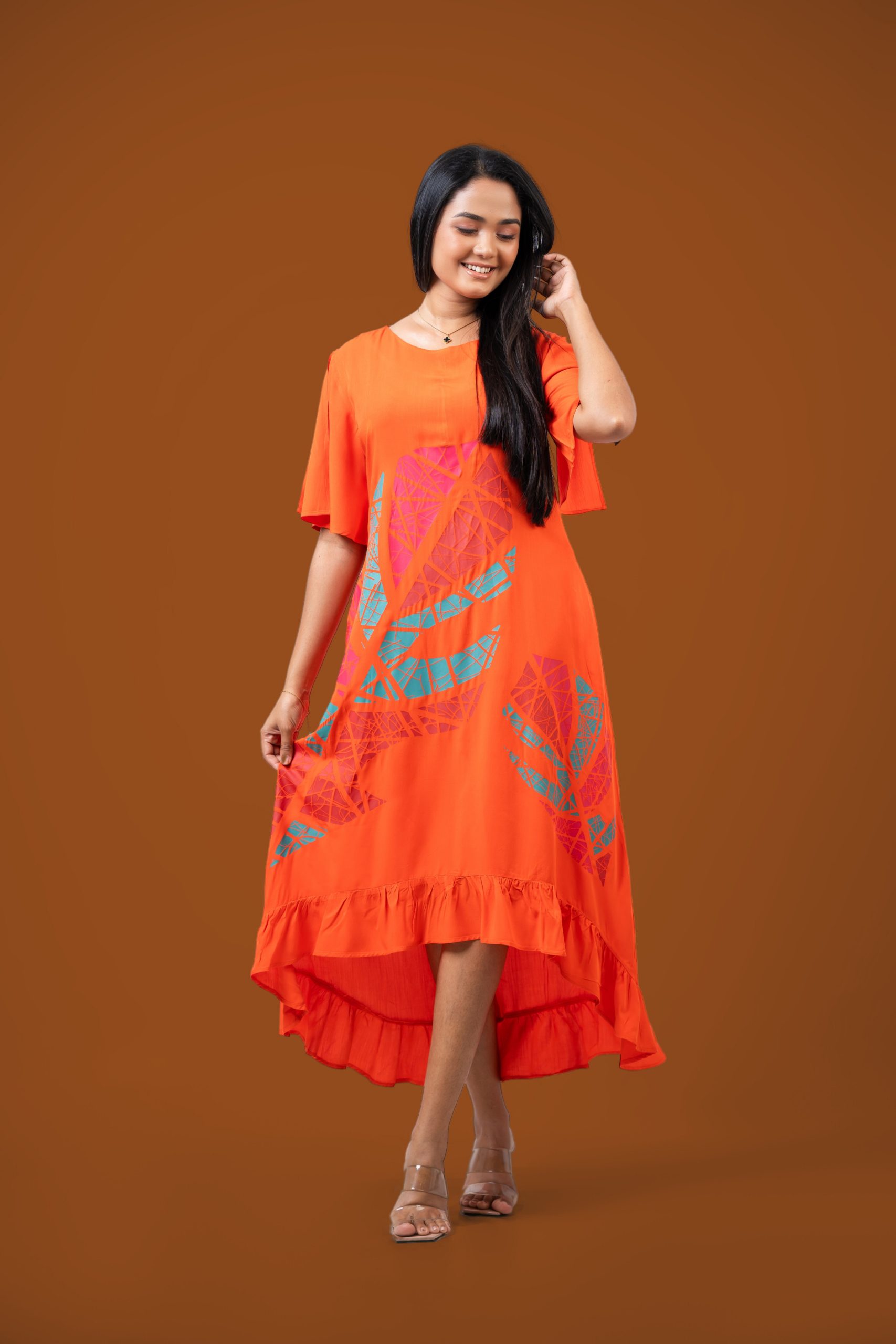 Printed Frilled Hem Detailed High-Low Midi Dress - Image 3