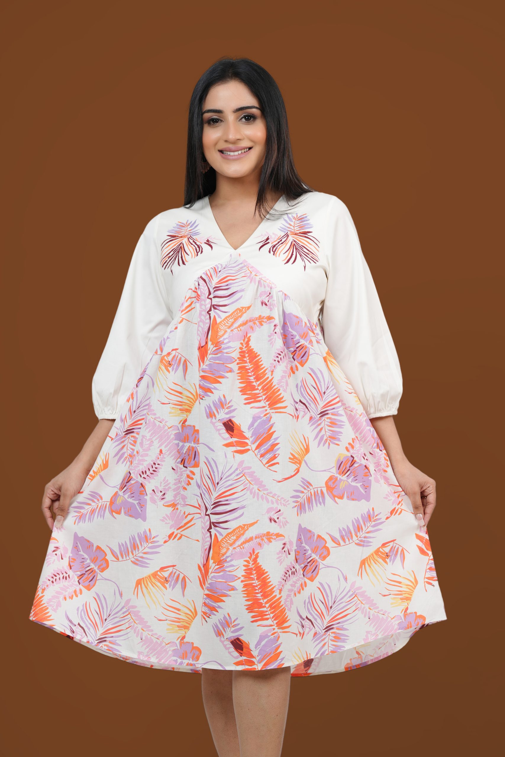 Floral Printed Flared Embroidery Detail Short Dress - Image 5