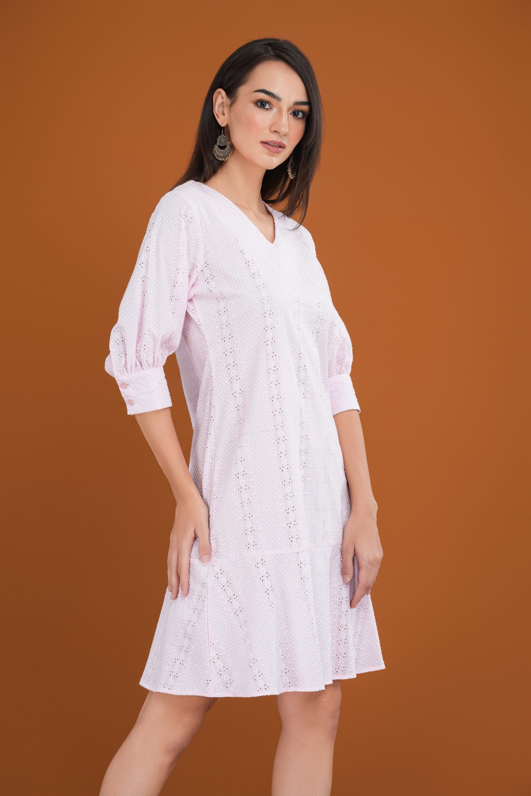 Loose Fitted Cut Lawn V-Neck Short Dress - Image 3