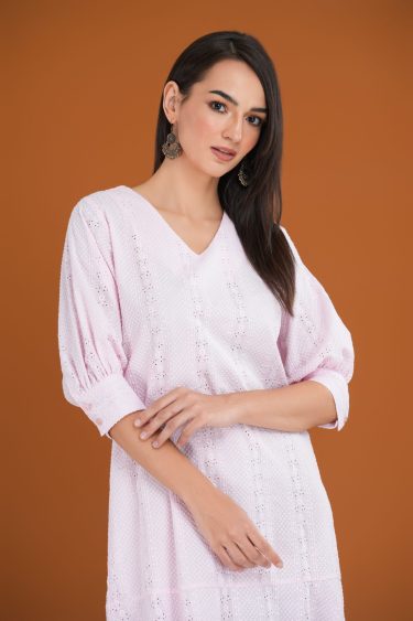 Loose Fitted Cut Lawn V-Neck Short Dress