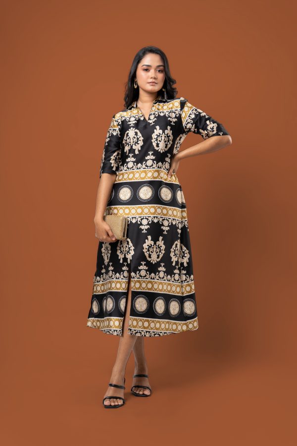 Slit Detail Collared Satin Midi Dress - Image 3