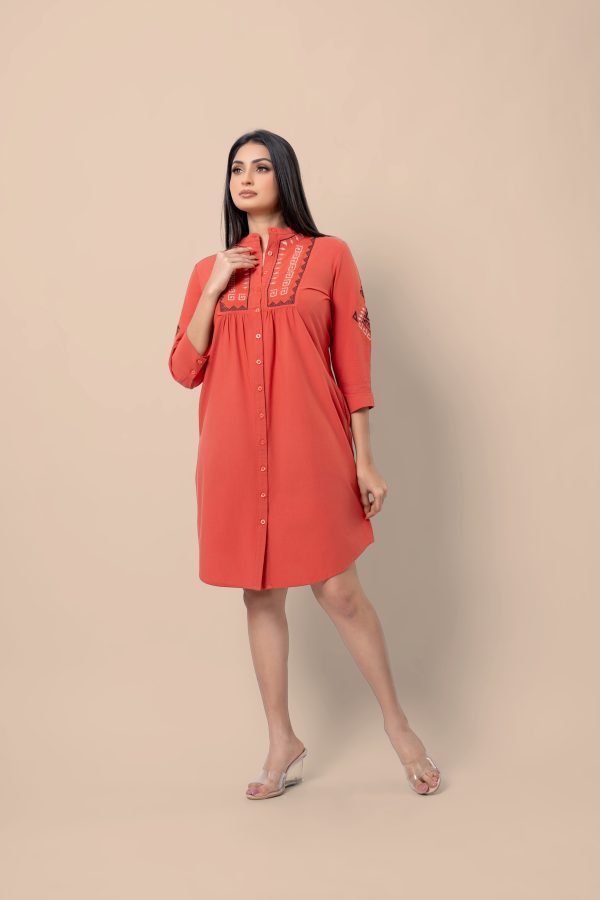 Embroidered Front Gather Detail Short Dress - Image 4