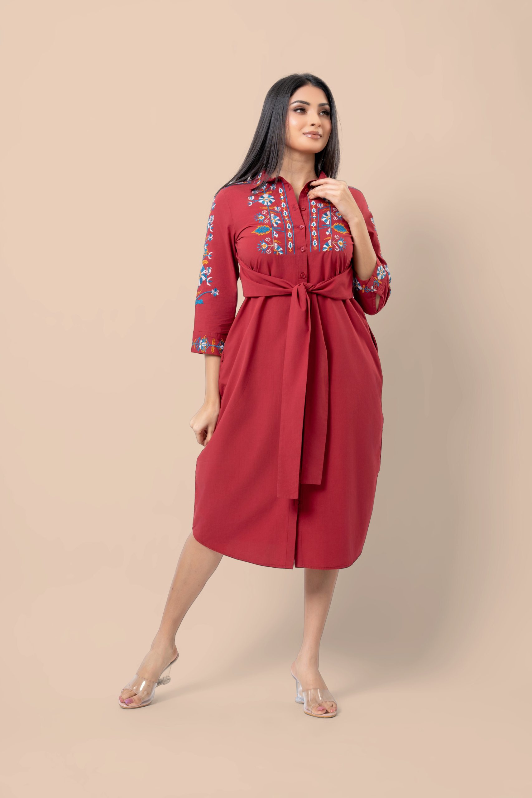 Embroidered Waist Tie-Up Detail Midi Shirt Dress - Image 5