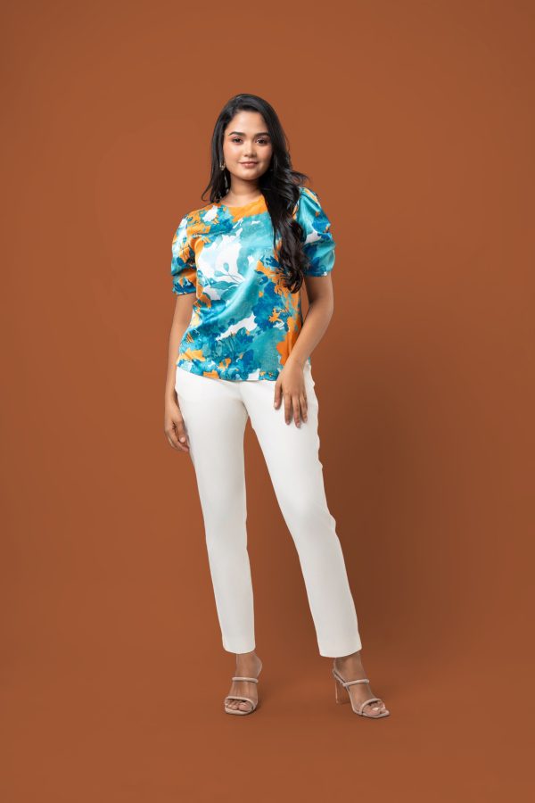 Abstract Floral Printed Puff Sleeve Blouse - Image 4