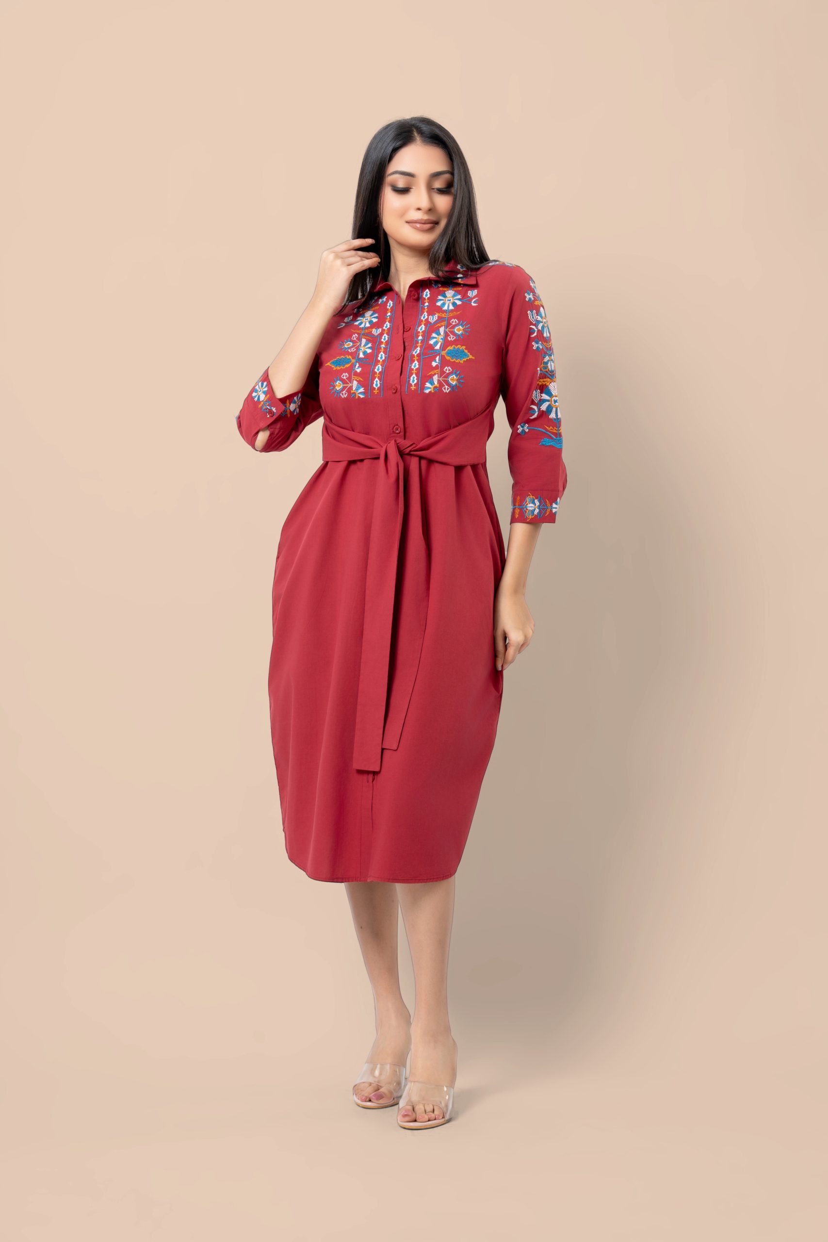 Embroidered Waist Tie-Up Detail Midi Shirt Dress - Image 4