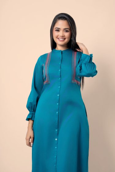 Embroidered Long Puff Sleeve Midi Shirt Dress