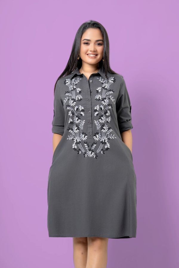 Floral Embroidery Detail Button-Down Short Dress - Image 4