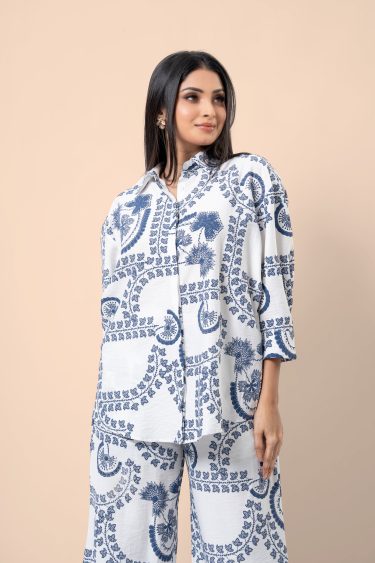 Abstract Botanical Patterned Loose Fitted Shirt and Pants Set
