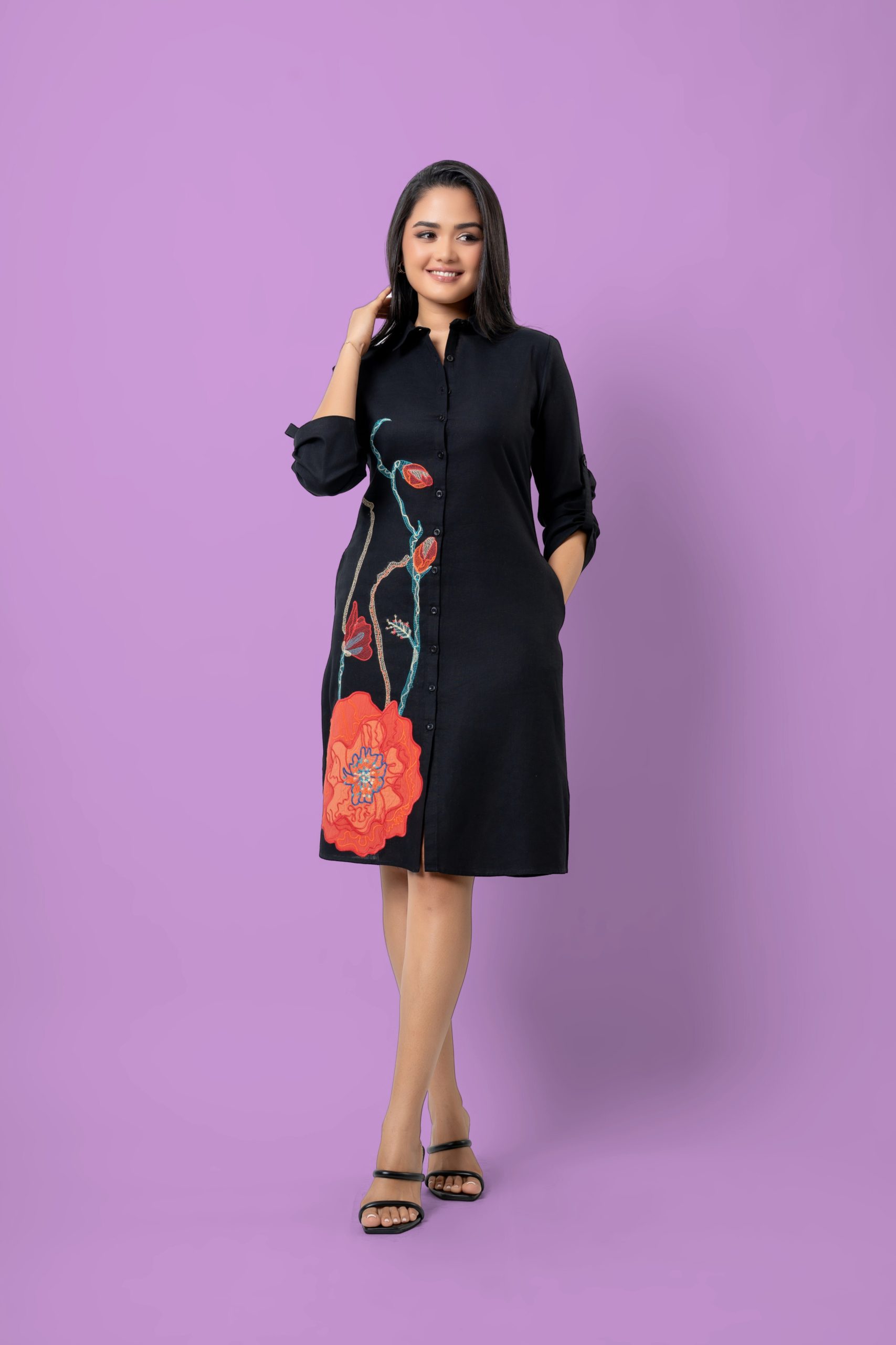 Floral Embroidery and Applique Detail Short Dress - Image 3