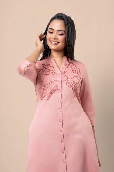 Floral Embroidery Detail Button-Down Short Dress