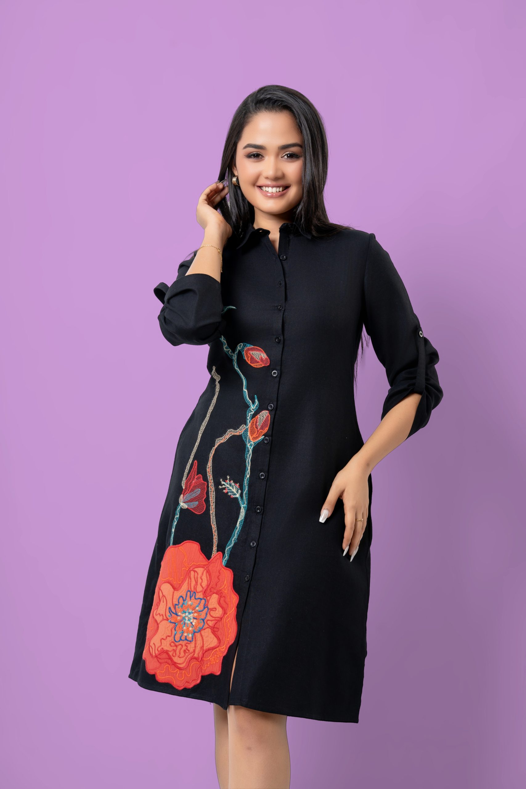 Floral Embroidery and Applique Detail Short Dress - Image 2