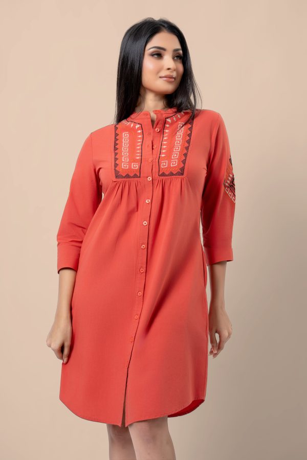 Embroidered Front Gather Detail Short Dress - Image 2