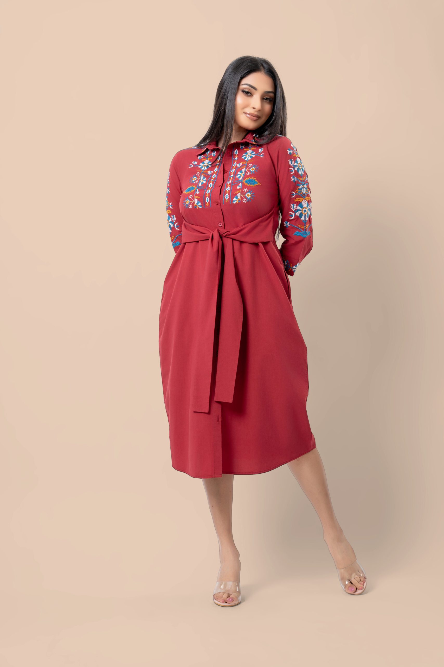 Embroidered Waist Tie-Up Detail Midi Shirt Dress - Image 3