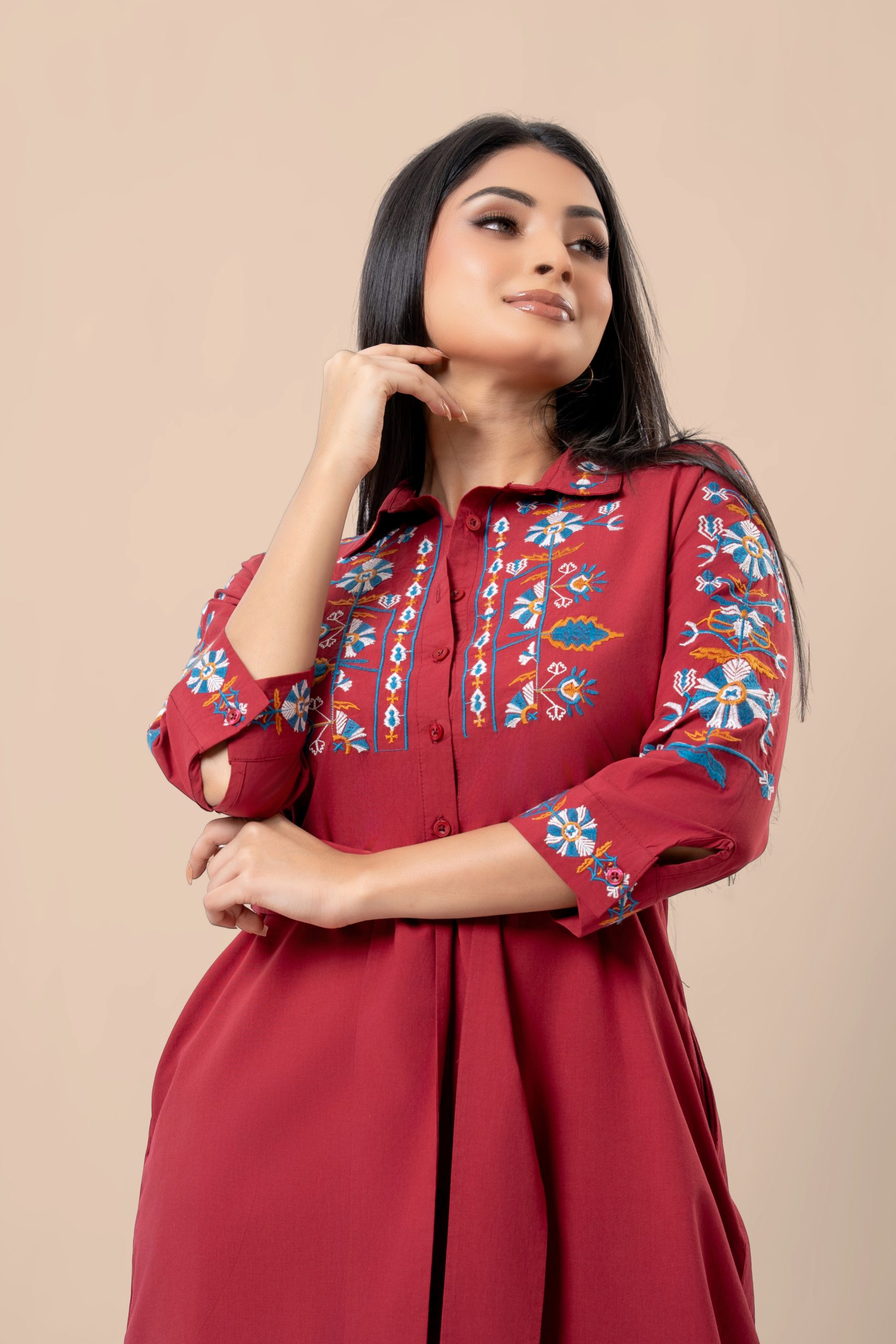 Embroidered Waist Tie-Up Detail Midi Shirt Dress - Image 2