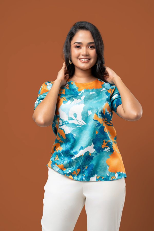 Abstract Floral Printed Puff Sleeve Blouse - Image 2