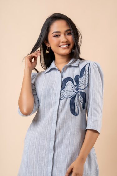 Floral Applique and Embellishment Detail Short Shirt Dress