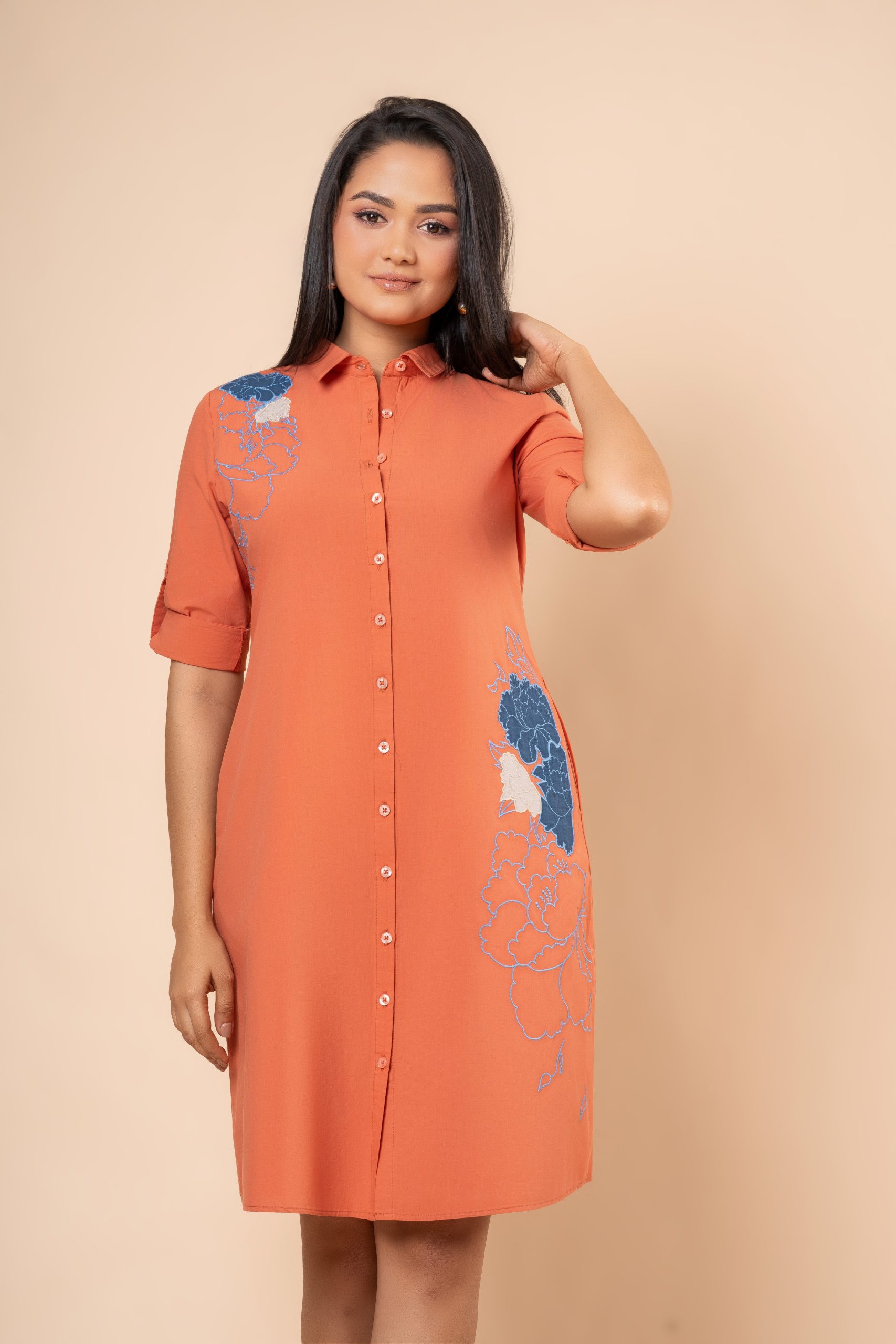 Embroidery and Applique Detail Short Shirt Dress