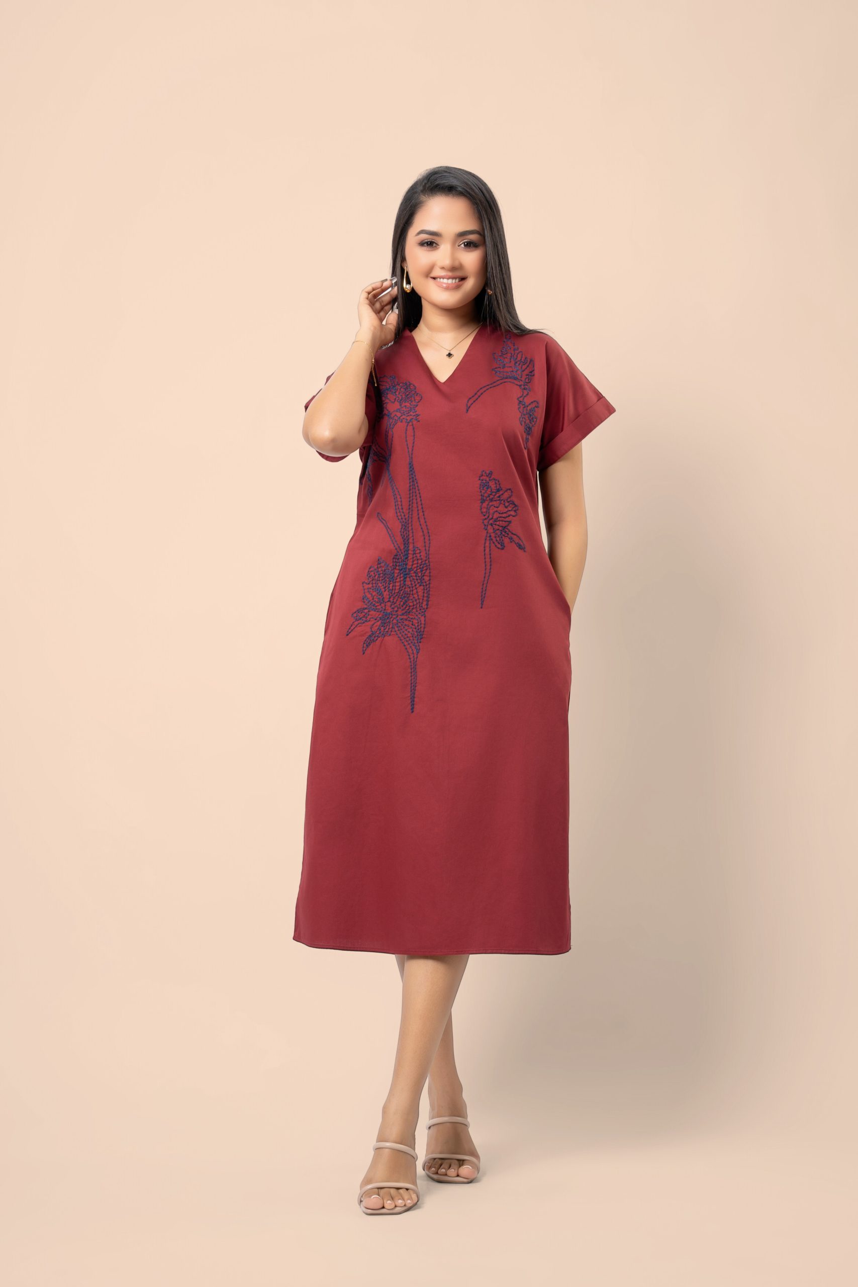 Embroidered Maggie Sleeve High Collar Midi Dress - Image 3