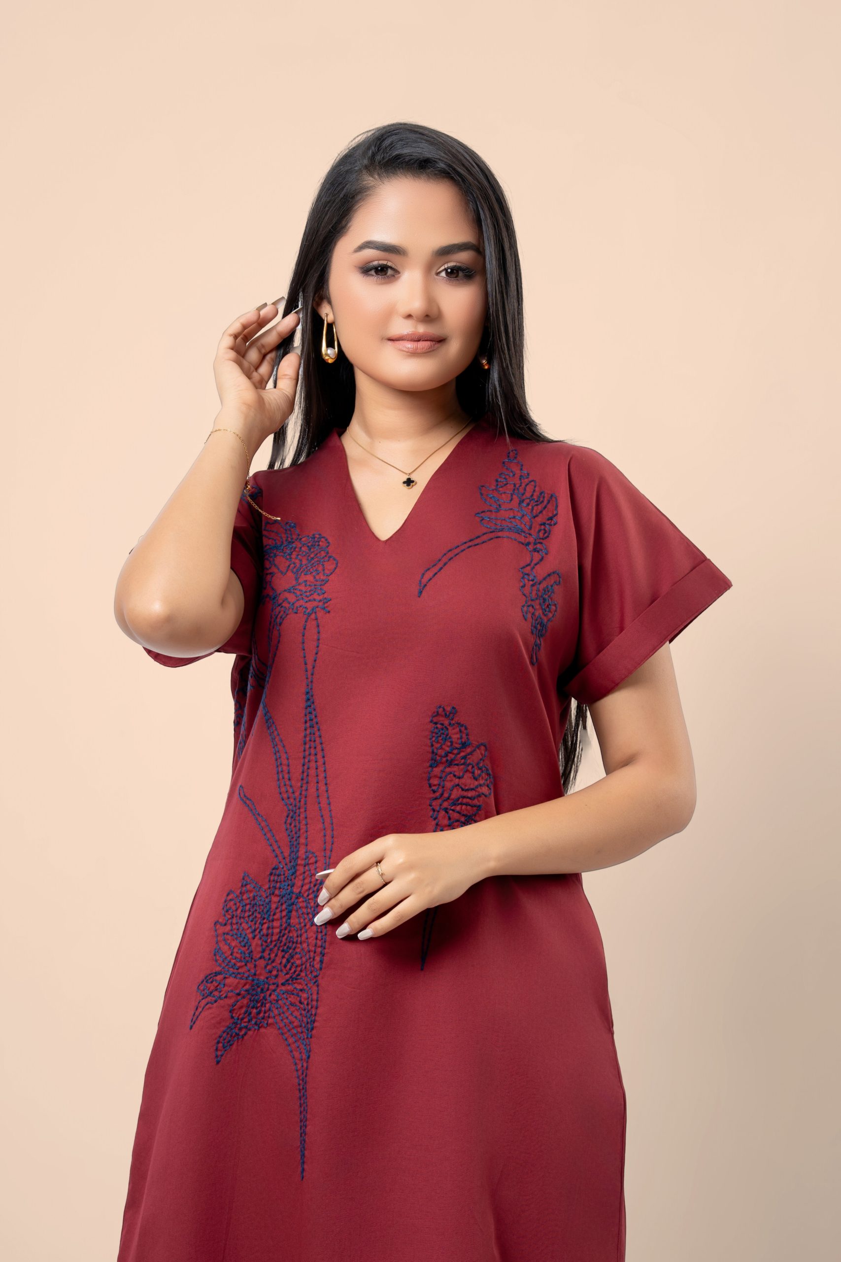 Embroidered Maggie Sleeve High Collar Midi Dress