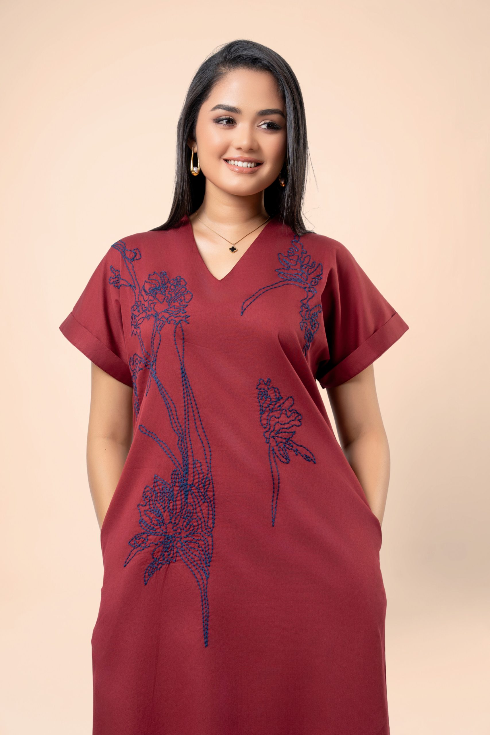 Embroidered Maggie Sleeve High Collar Midi Dress - Image 2