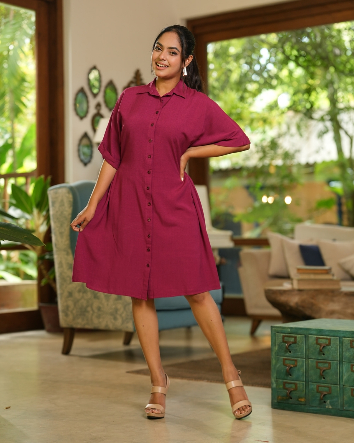 Side Pleated Button-Down Short Dress - Image 5