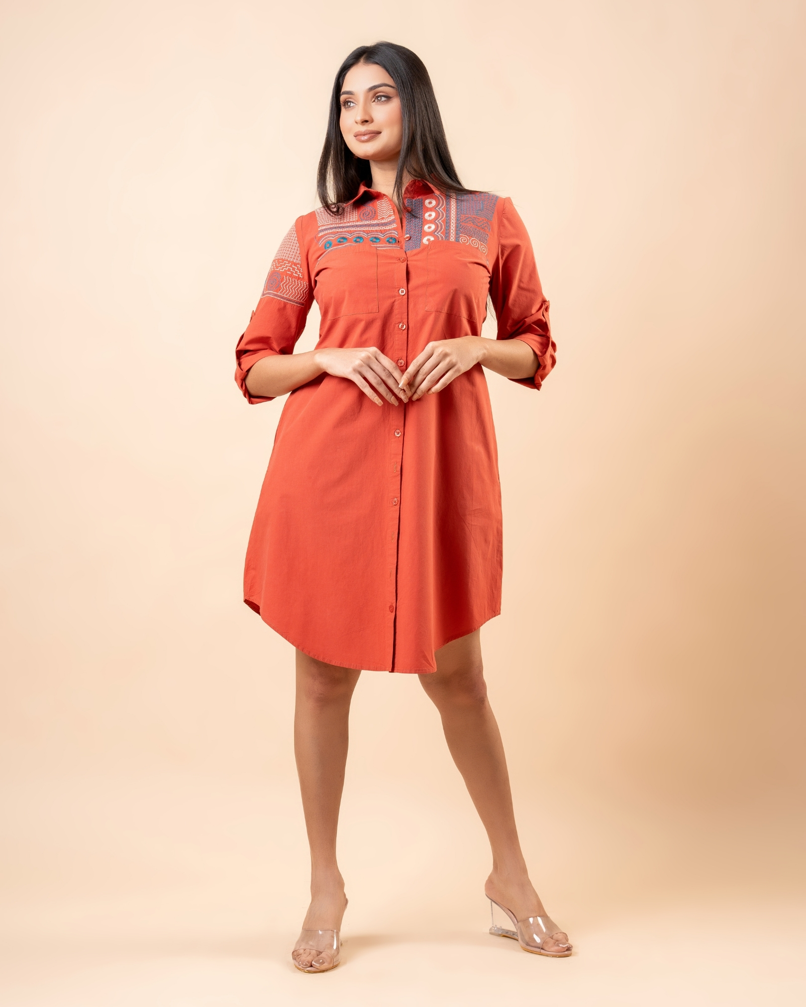 Embroidery Detail Short Shirt Dress - Image 3