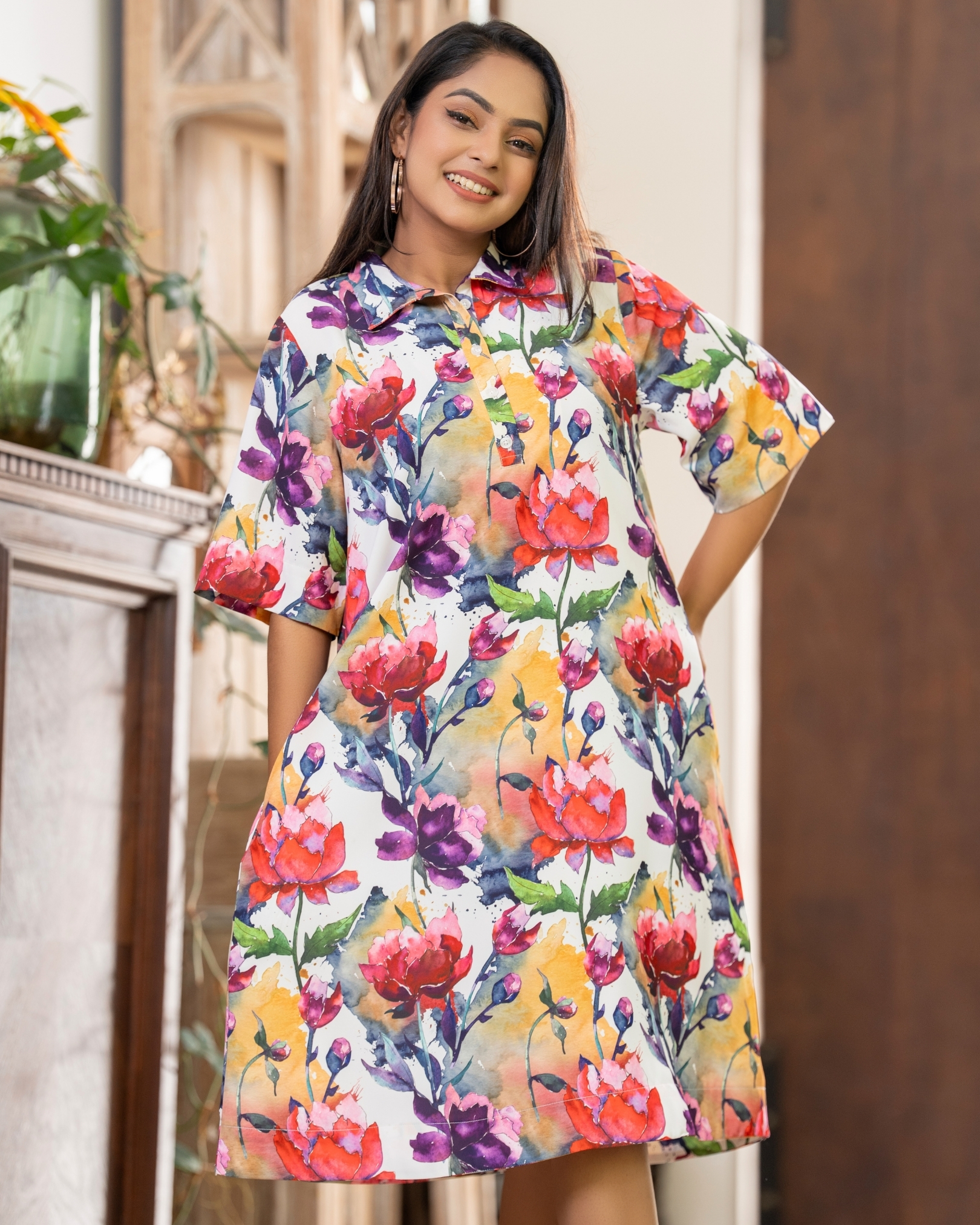 Floral Patterned Collared Short Tent Dress - Image 3