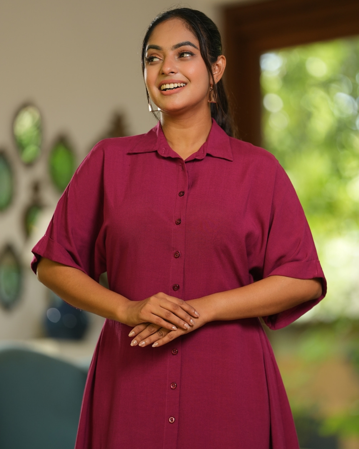 Side Pleated Button-Down Short Dress