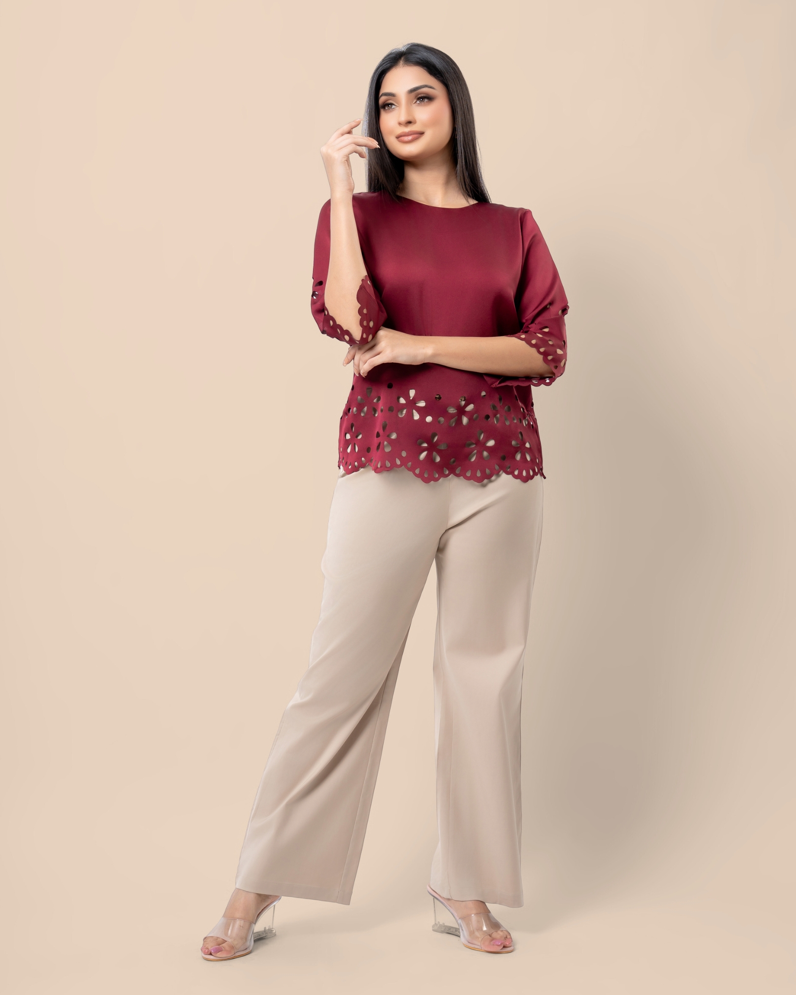 Laser Cut Scallop Hem Detail Blouse - Image 3