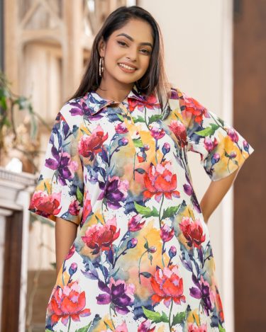Floral Patterned Collared Short Tent Dress