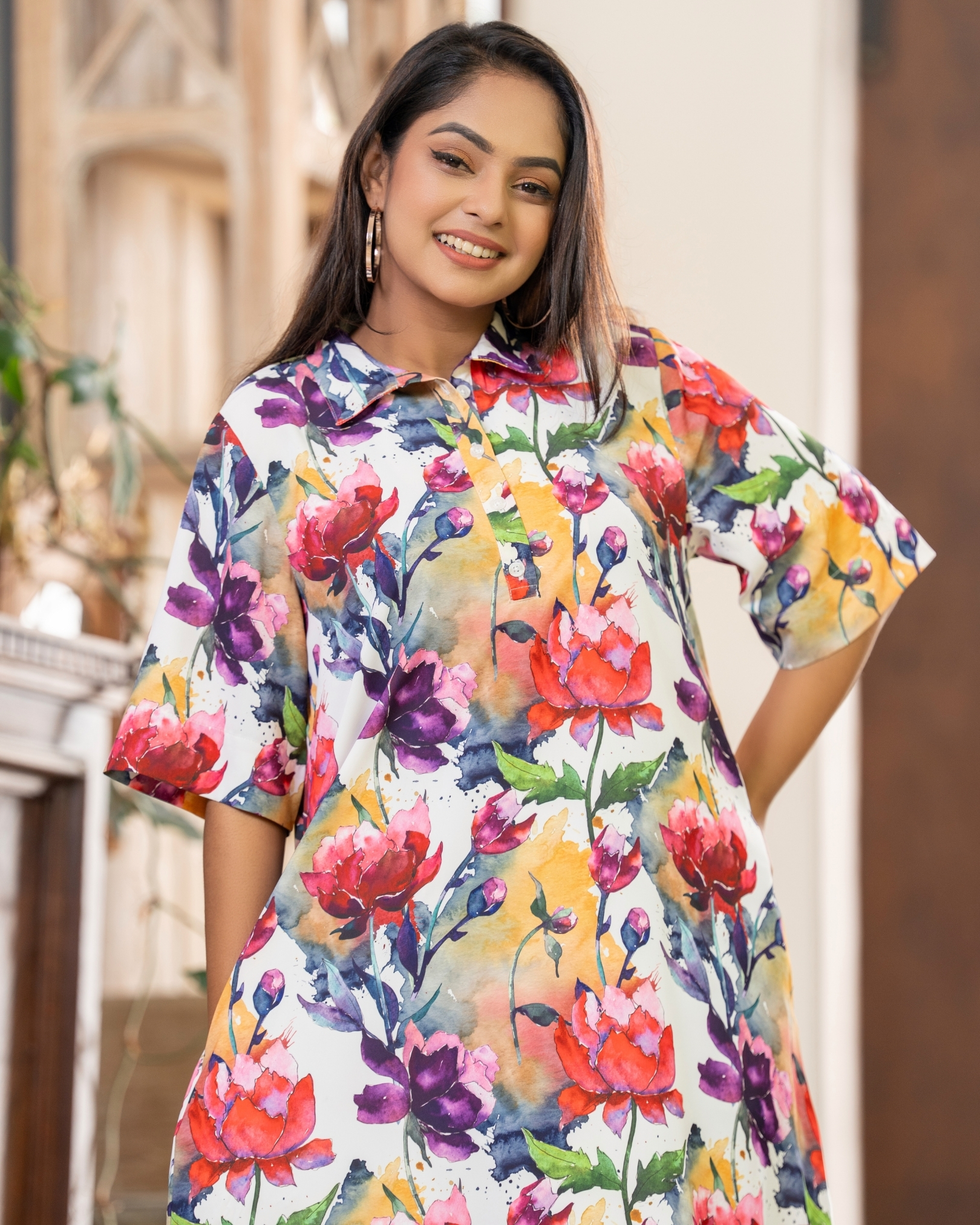 Floral Patterned Collared Short Tent Dress