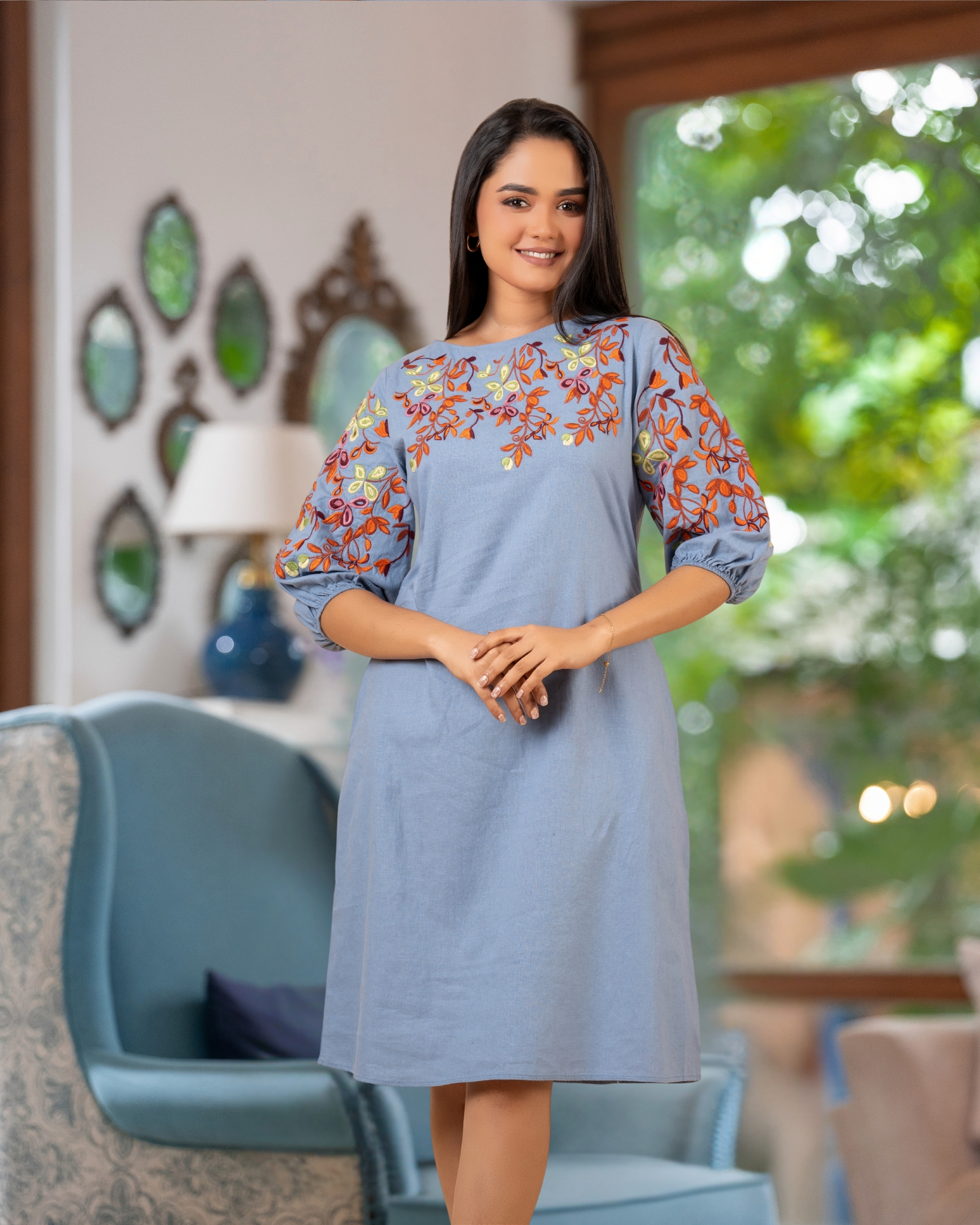 Floral Embroidery Detail Puff Sleeve Short Dress - Image 2