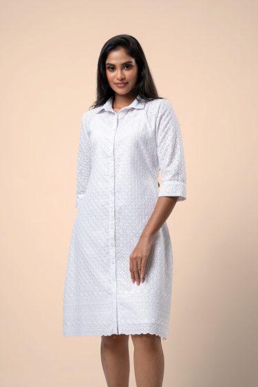 Hakoba Patterned Scallop Hem Short Shirt Dress