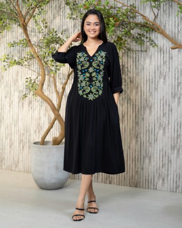 Botanical Embroidery Gathered Detail Midi Dress