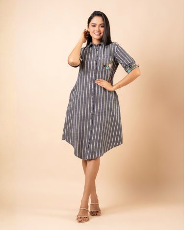 Striped Pocket and Cuff Floral Embroidey Short Dress