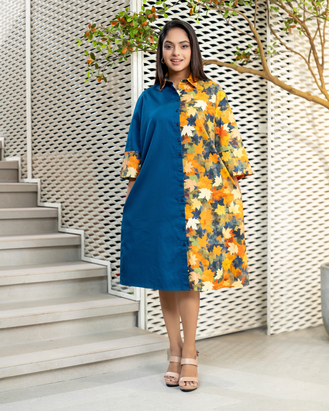 Leaf Patterned Colourblock Short Shirt Dress - Image 4