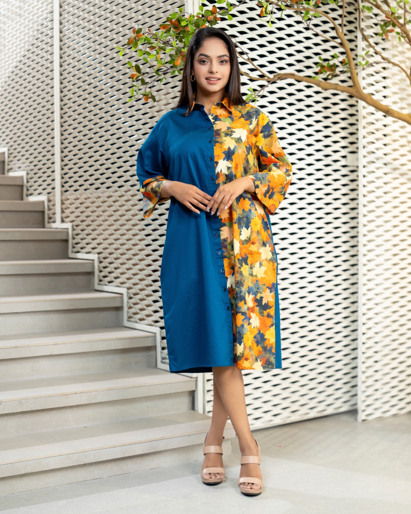 Leaf Patterned Colourblock Short Shirt Dress - Image 5