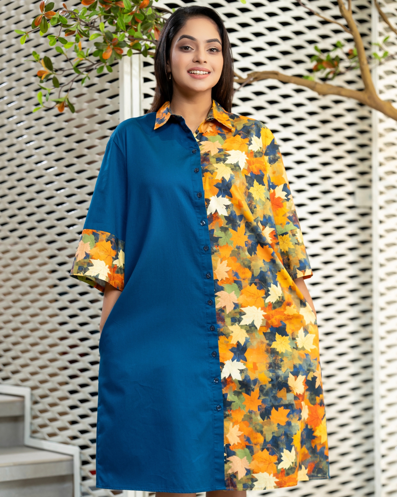 Leaf Patterned Colourblock Short Shirt Dress - Image 2