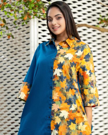 Leaf Patterned Colourblock Short Shirt Dress